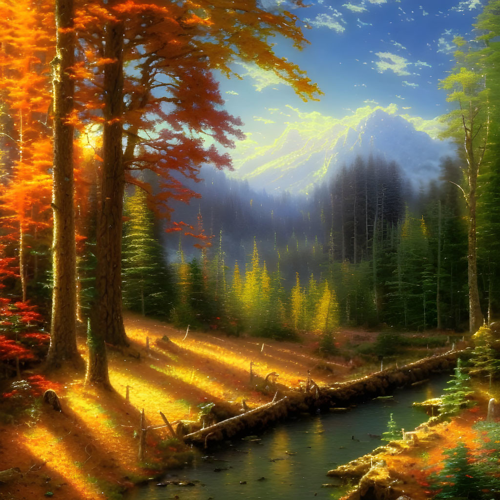 Tranquil autumn forest with sunlight, stream, and misty mountains