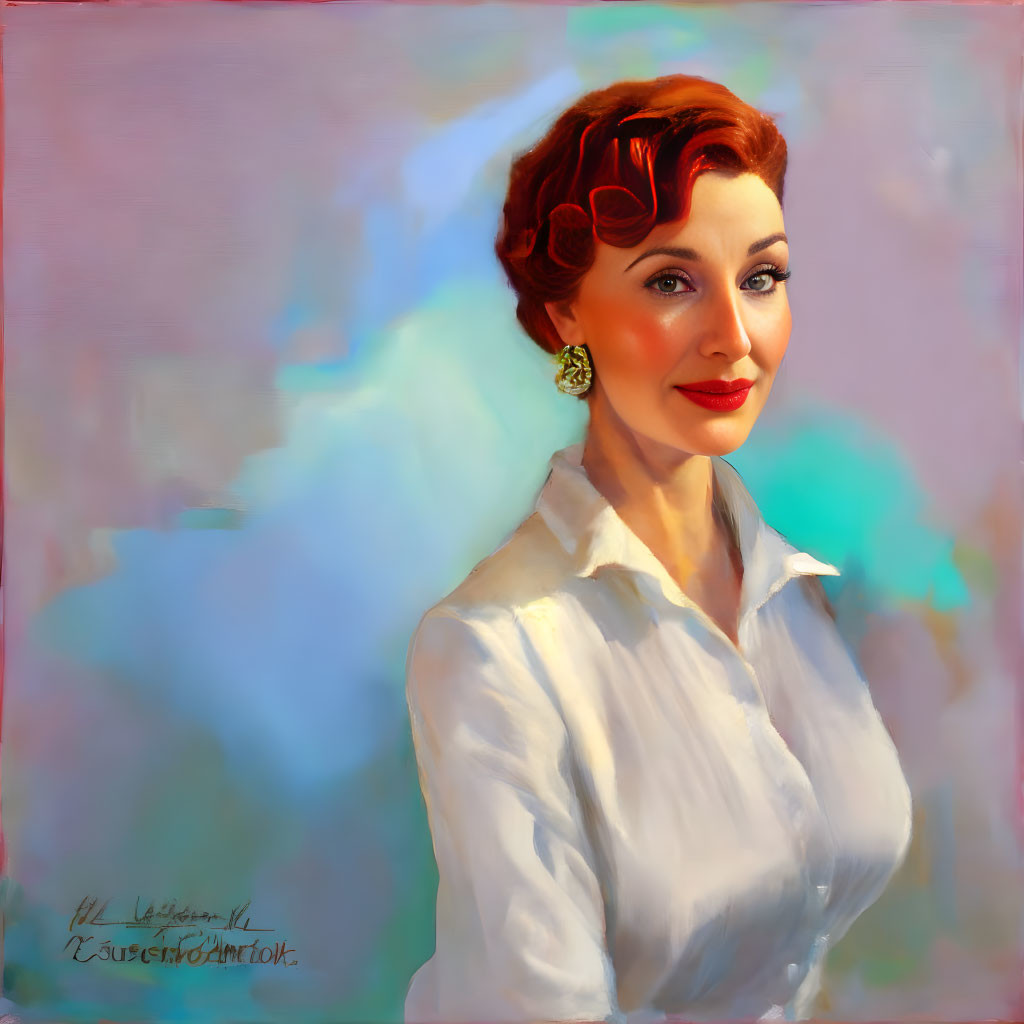 Red-haired woman in white blouse digital painting with colorful background