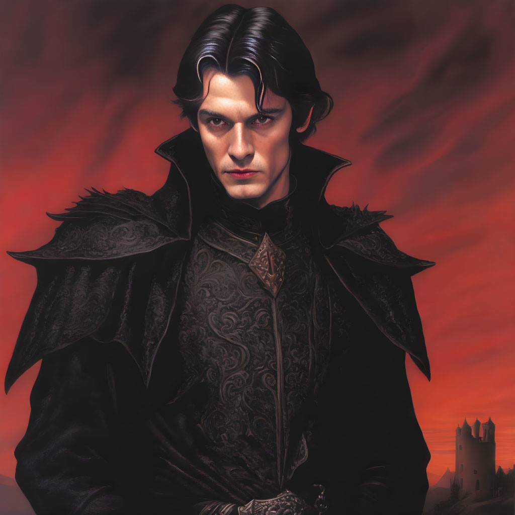 Brooding figure in gothic attire against castle backdrop