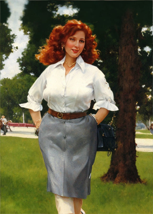 Curly Red-Haired Woman in White Blouse Walking in Park