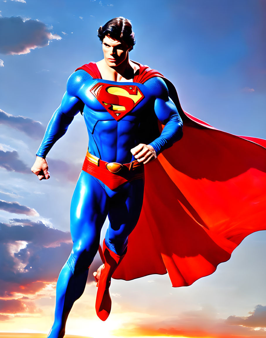 Superman costume with red cape and 'S' logo against dramatic sky