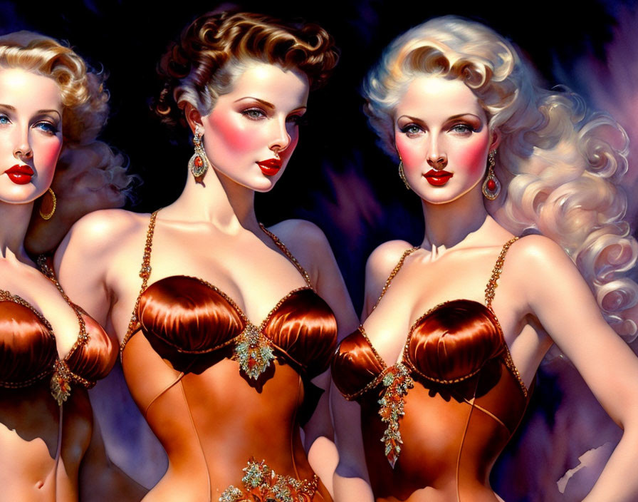 Stylized women in glamorous makeup and ornate bikinis