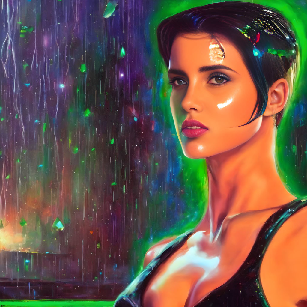 Woman with short hair in cosmic space backdrop.