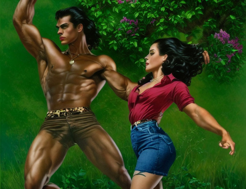 Muscular man and woman with flowing hair pose in front of green foliage and purple flowers