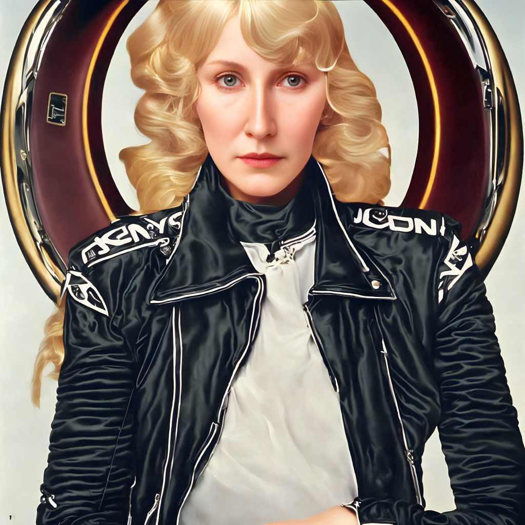 Blonde Woman with Blue Eyes in Leather Jacket on Golden Background