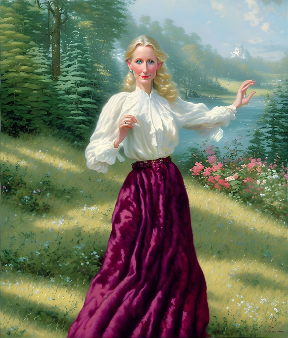 Blonde woman in white blouse and purple skirt in sunny meadow by river