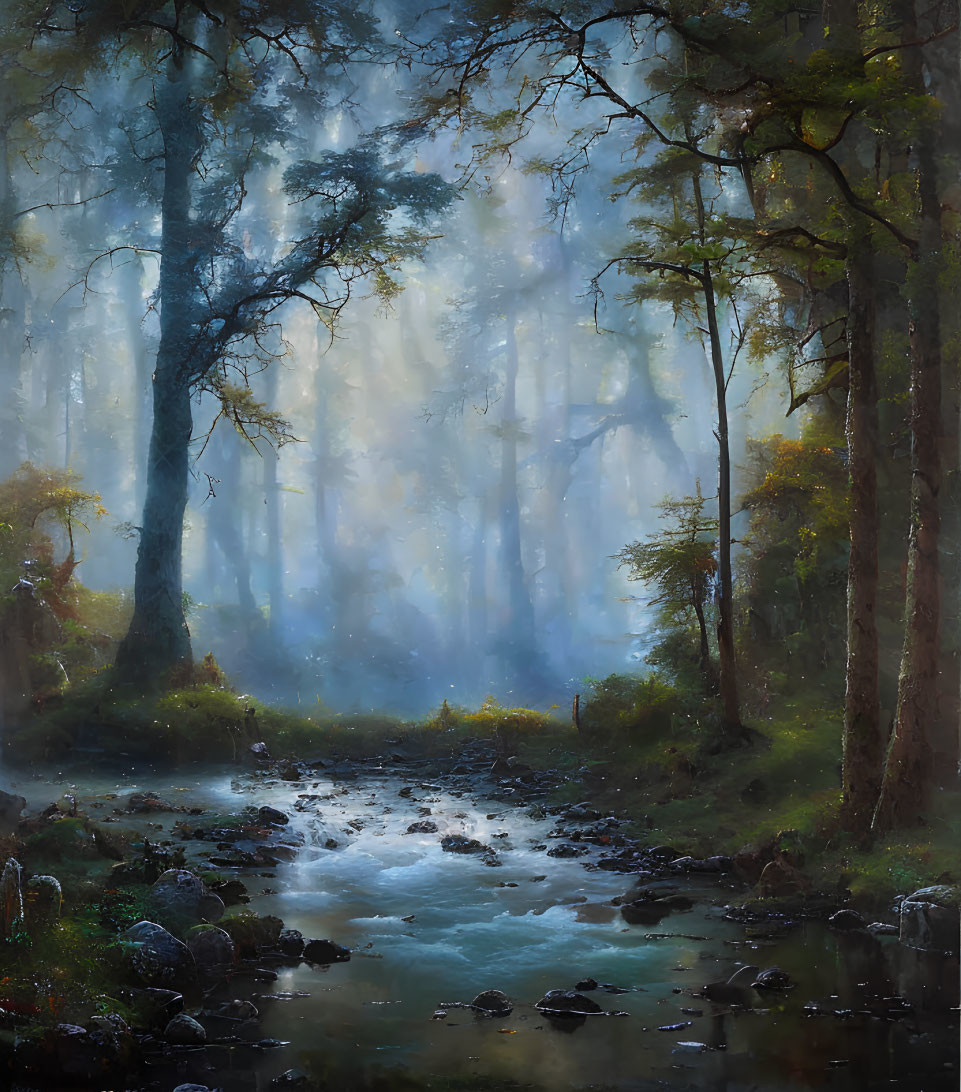 Tranquil forest landscape with sunlight, stream, and lush greenery