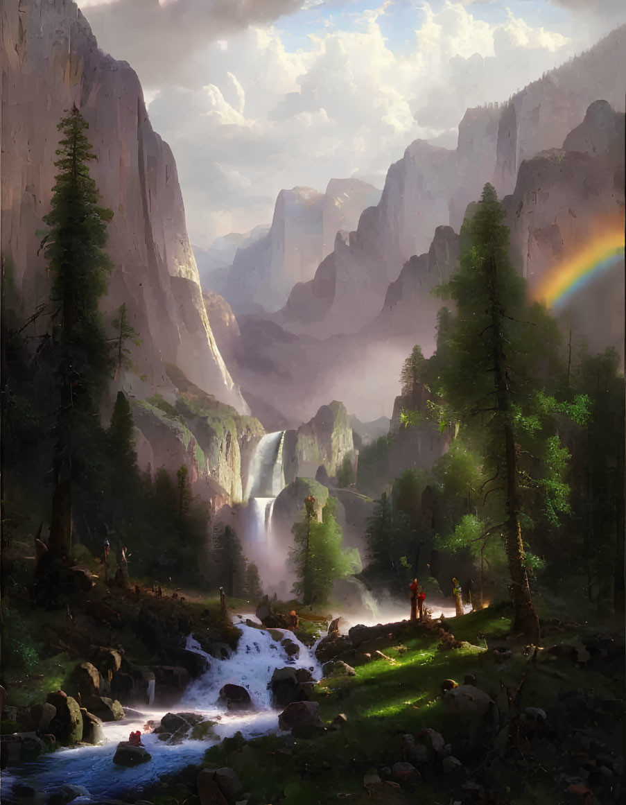 Tranquil valley with cliffs, waterfall, river, greenery, and rainbow near person.