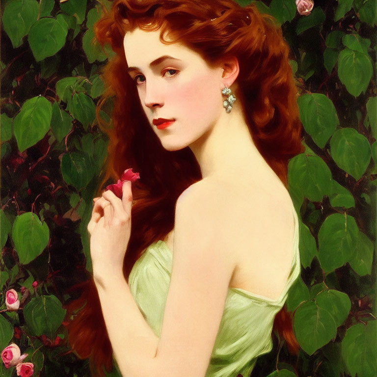 Woman with Red Hair in Green Dress Surrounded by Leaves and Roses