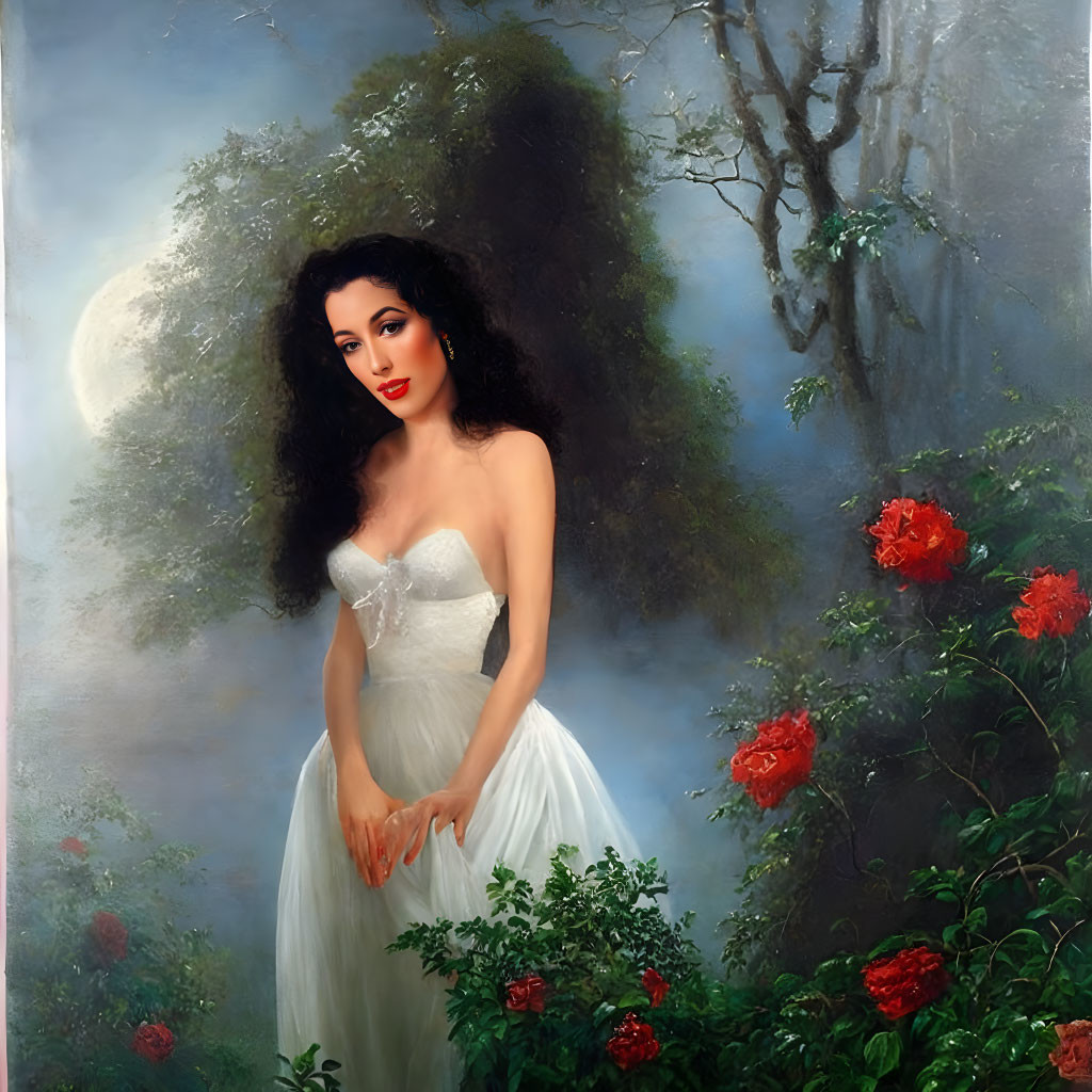 Woman in white dress surrounded by red roses under full moon