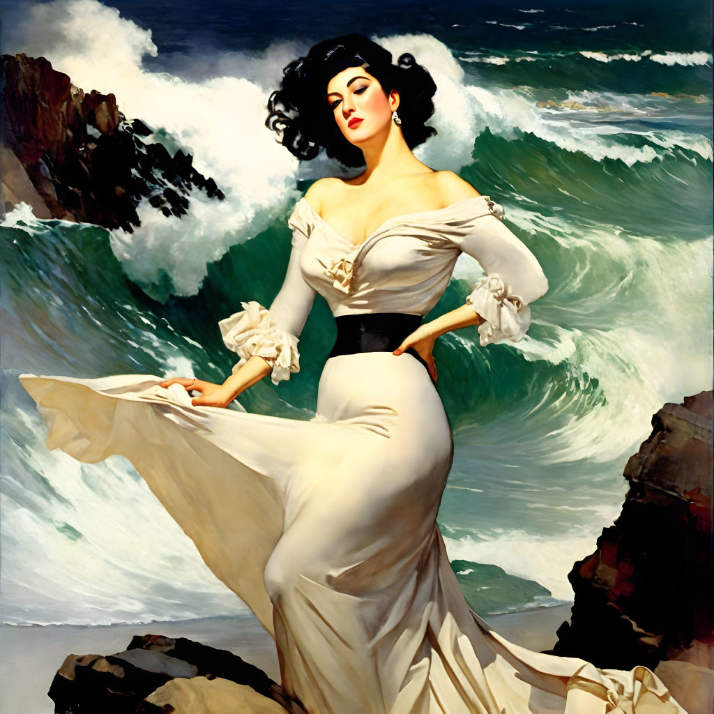 Vintage White Dress Woman Posed Against Ocean Backdrop