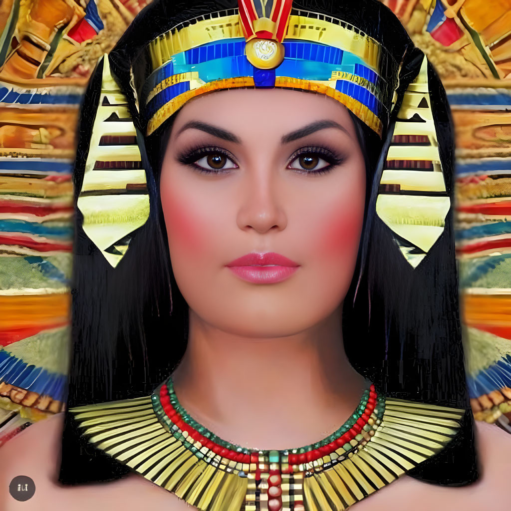 Elaborate Cleopatra Costume with Vibrant Headdress and Egyptian Motif Background