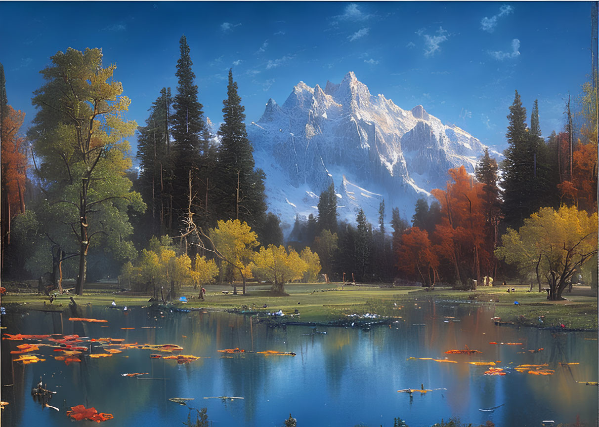 Serene lake, snow-capped mountain, autumn trees in idyllic landscape