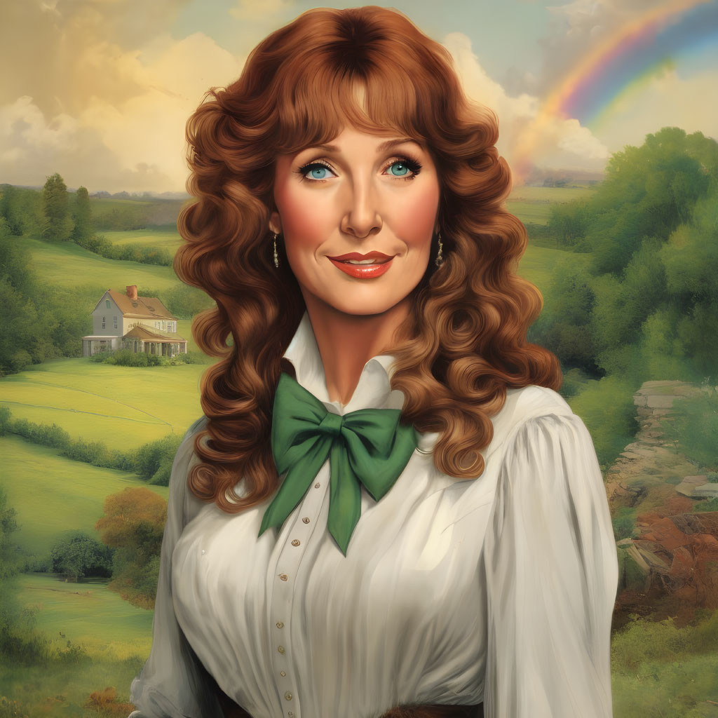 Curly-haired woman in white blouse with green bow tie against pastoral landscape with rainbow