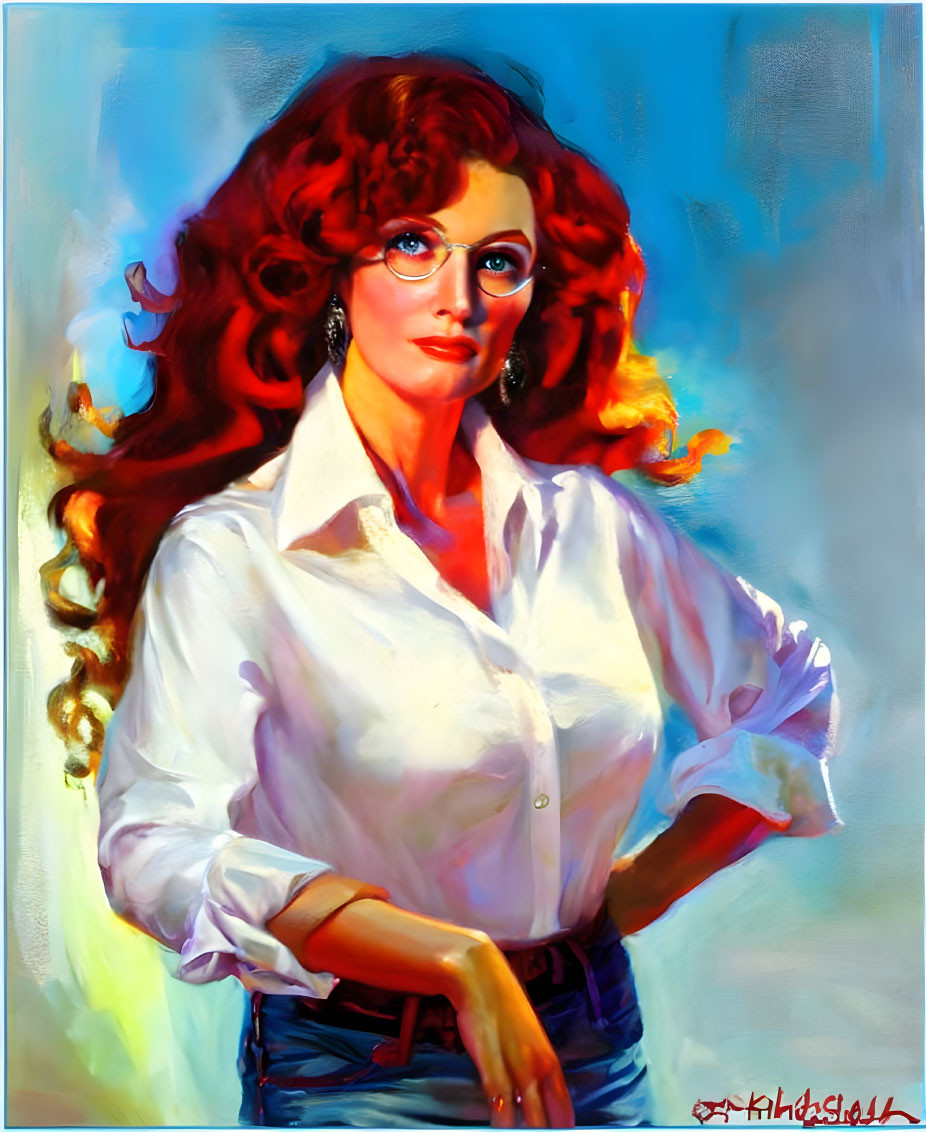 Colorful portrait of woman with red hair and blue glasses on vibrant background