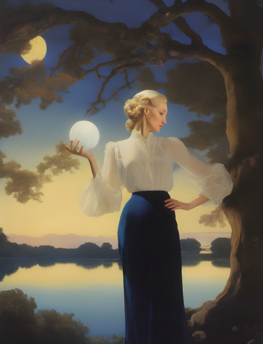 Vintage-style painting of woman with glowing orb near tree, lake, crescent moon