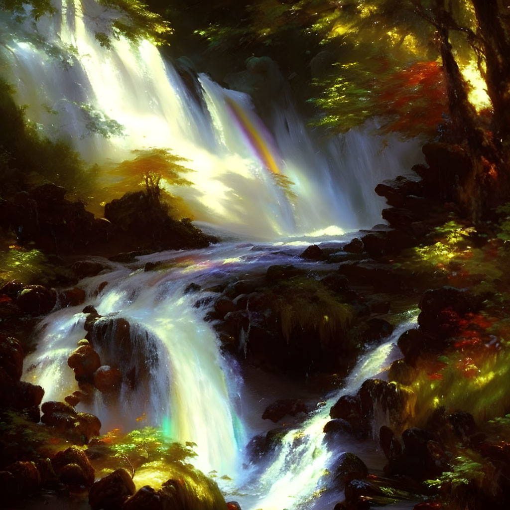 Ethereal painting: Cascading waterfall in forest sunlight