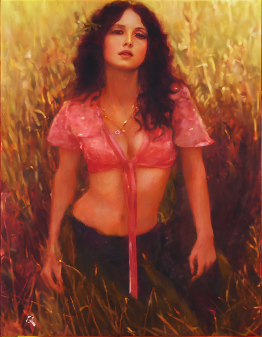 Dark-Haired Woman in Pink Blouse Among Golden Grasses