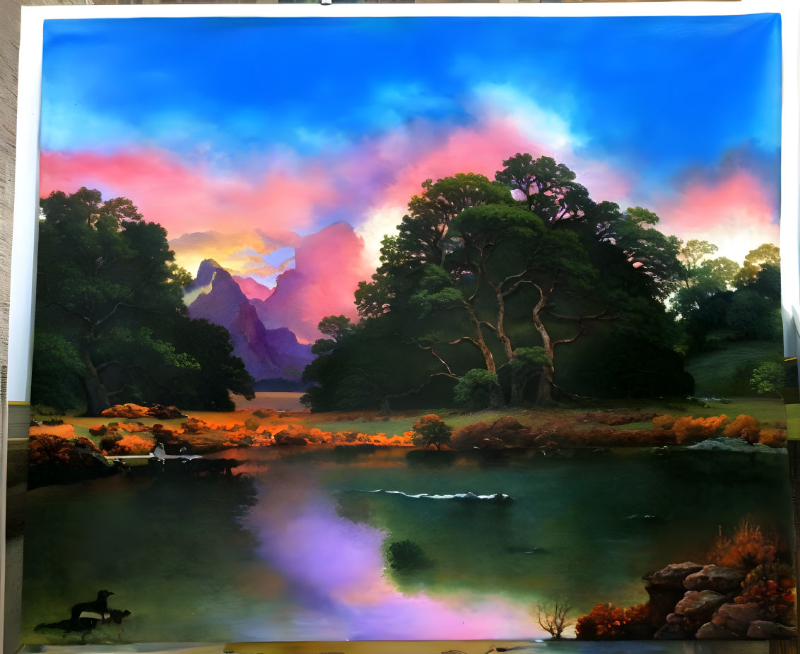 Scenic landscape painting: lake, trees, sky, mountains, deer silhouette