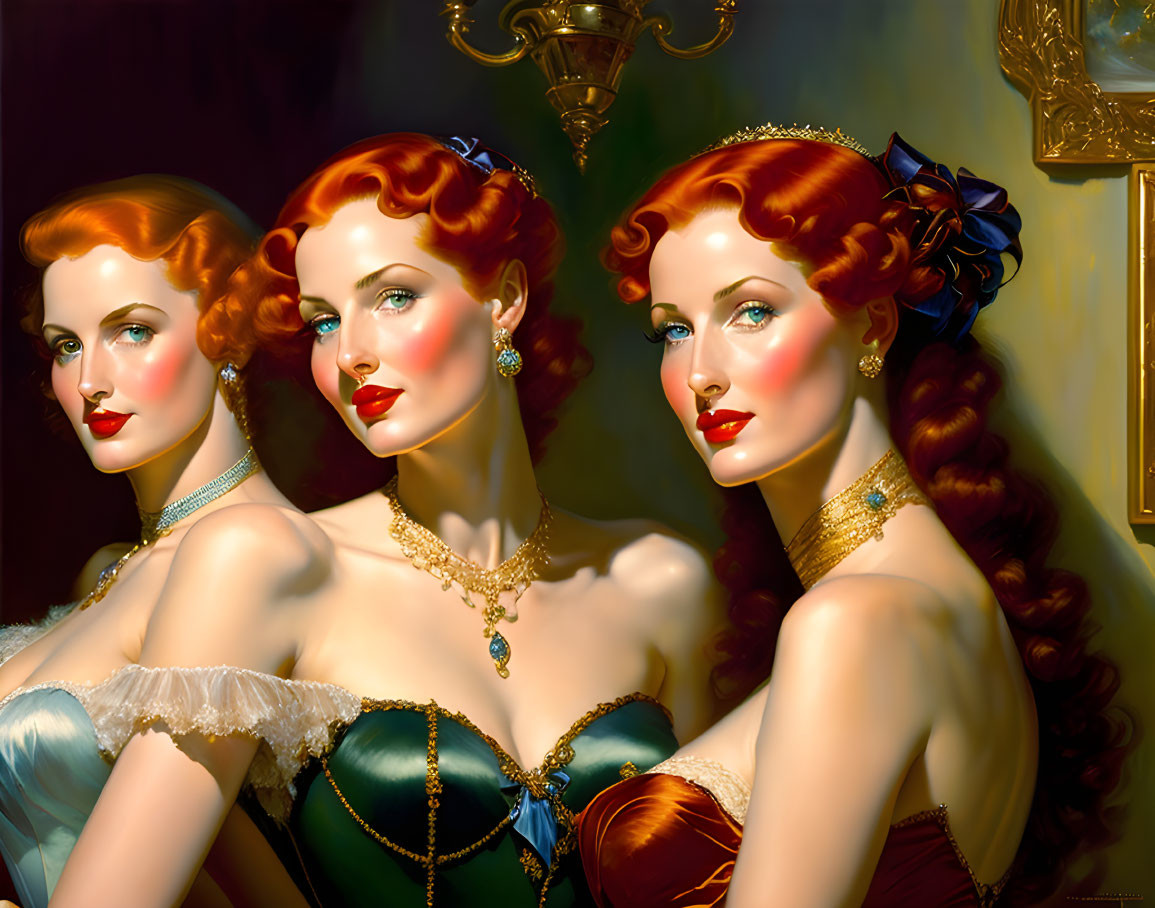 Red-haired women in vintage gowns and gold jewelry in classic painting style