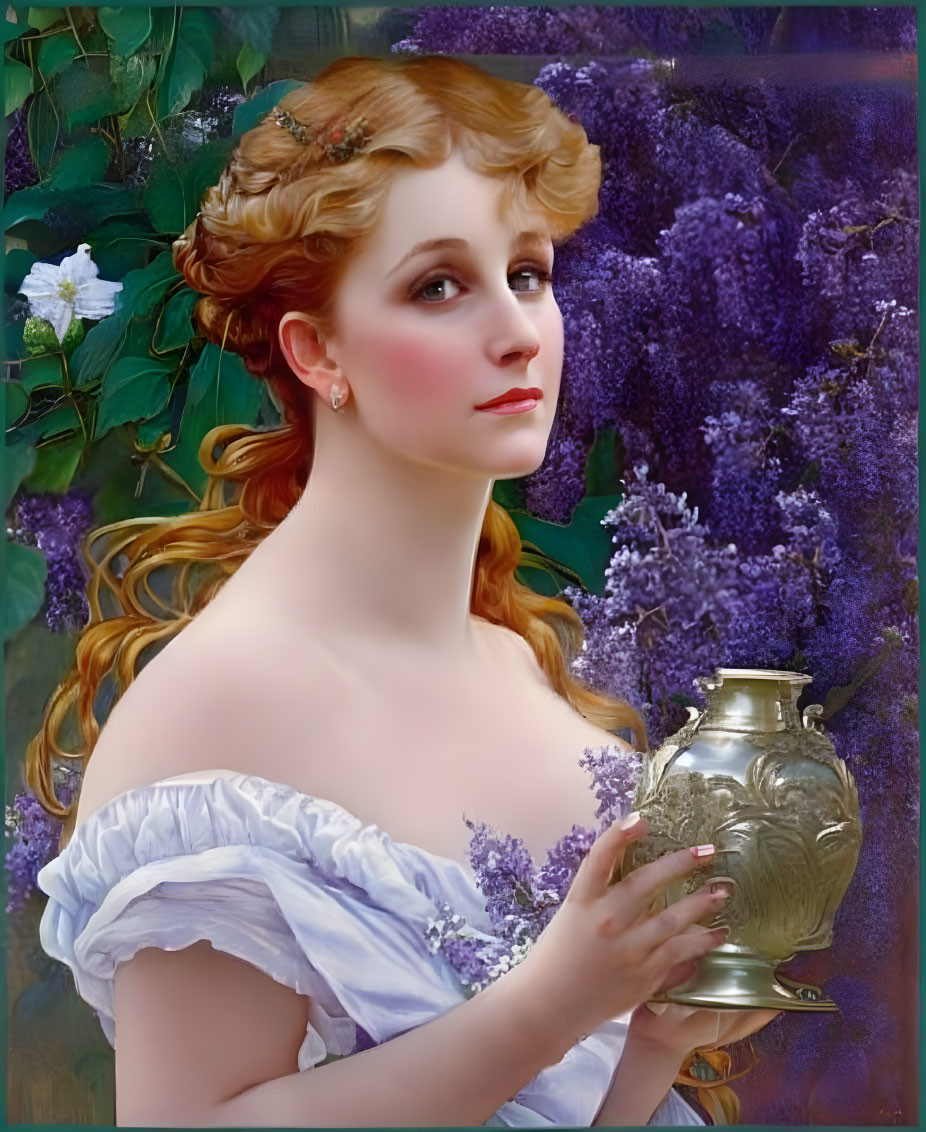 Reddish-Haired Woman Holding Vase in White Dress Among Purple Flowers