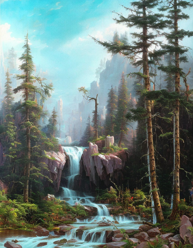 Tranquil forest waterfall with misty mountains