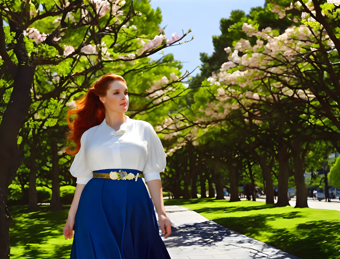 Red-haired woman in white blouse and blue skirt under blooming trees.