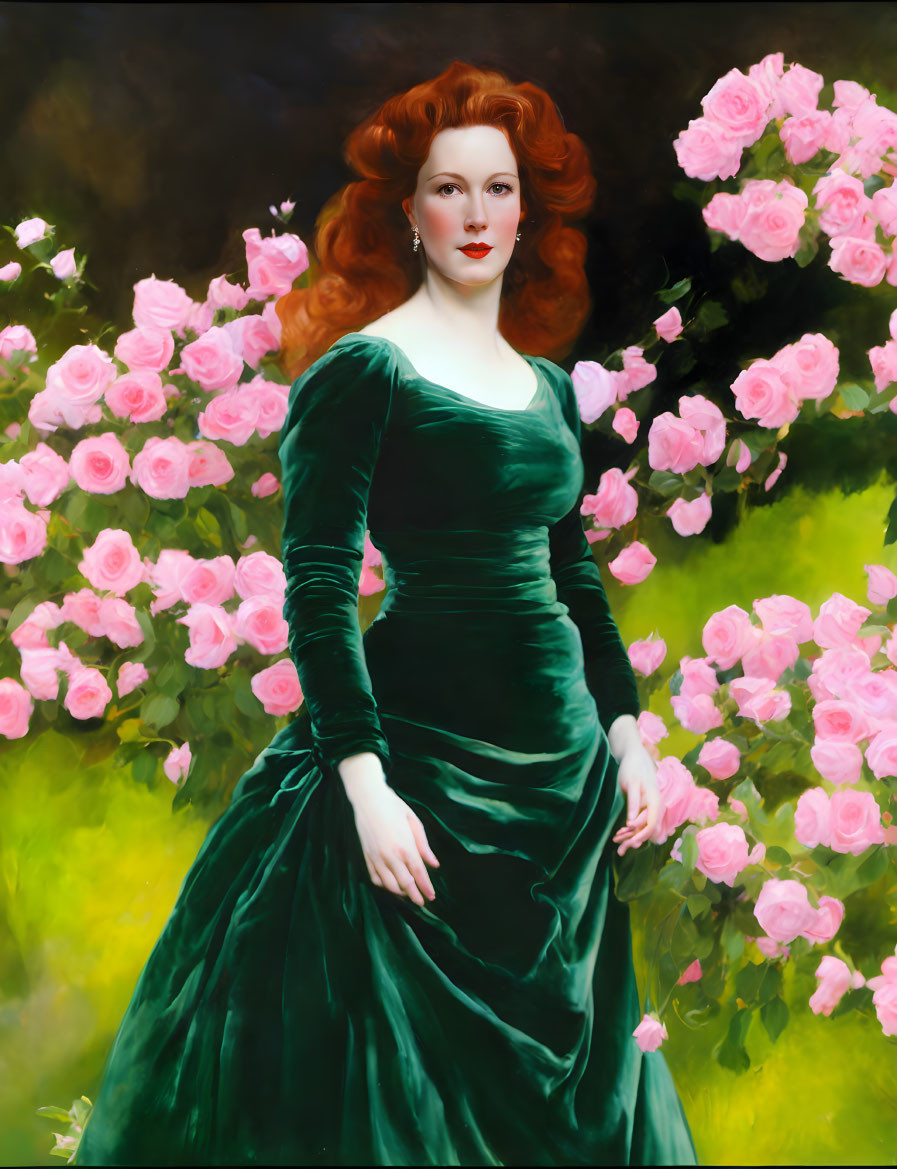 Portrait of Woman with Red Hair in Green Velvet Dress Surrounded by Pink Roses