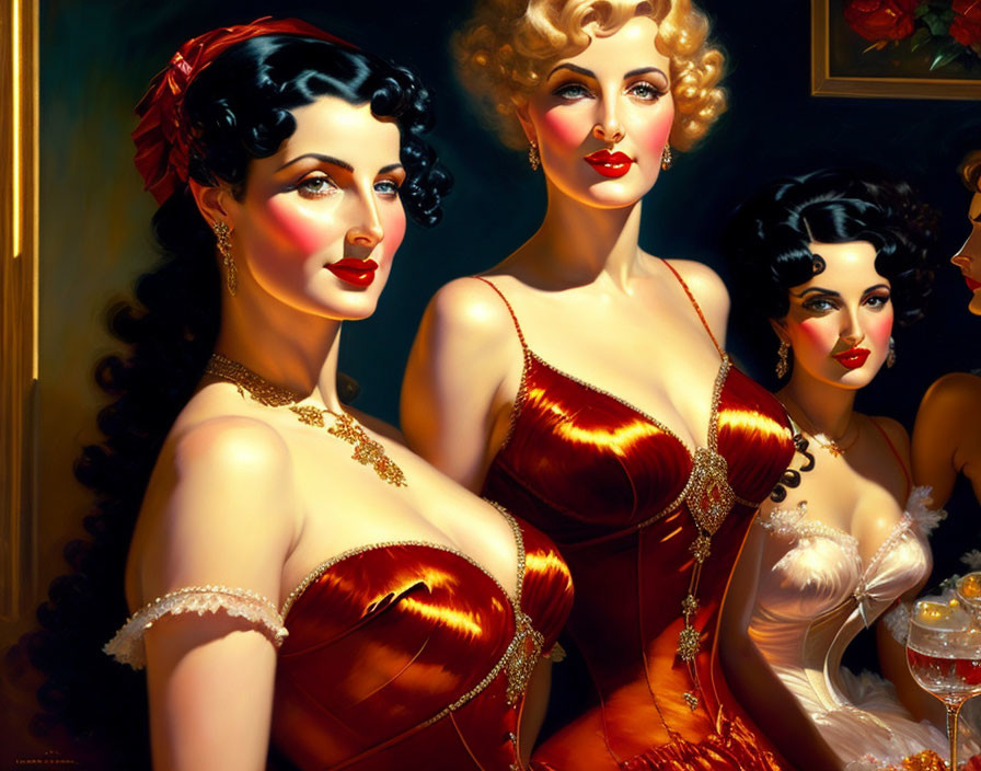 Vintage Hollywood glamour: Three women in red gowns with golden jewelry and elegant hairstyles.