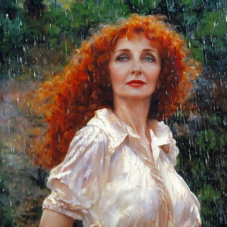 Portrait of woman with curly red hair in white blouse, gazing up in rain.