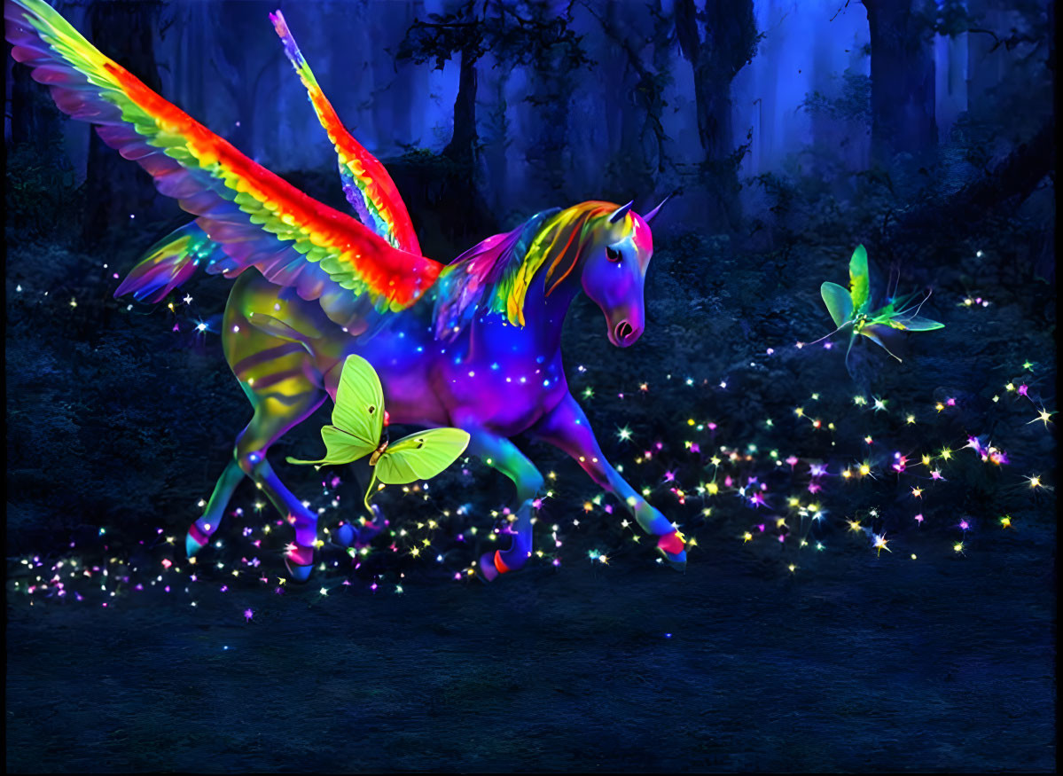 Colorful Winged Unicorn with Butterflies in Mystical Forest at Night