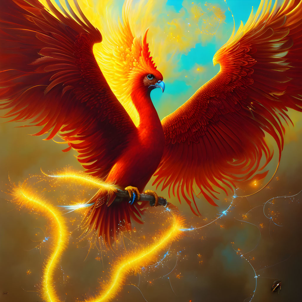 Majestic Phoenix with Red and Orange Feathers in Golden Glowing Setting