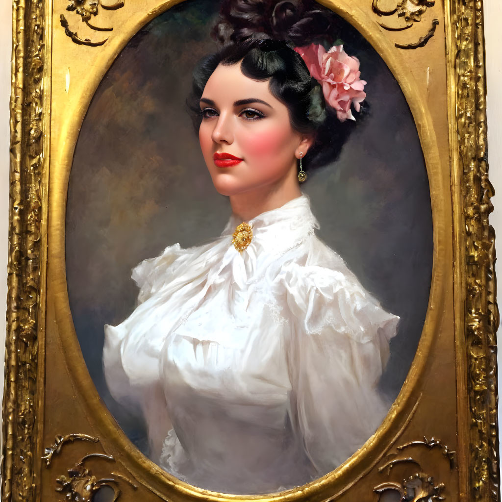 Portrait of Woman with Dark Hair and Flower in Ornate Oval Frame