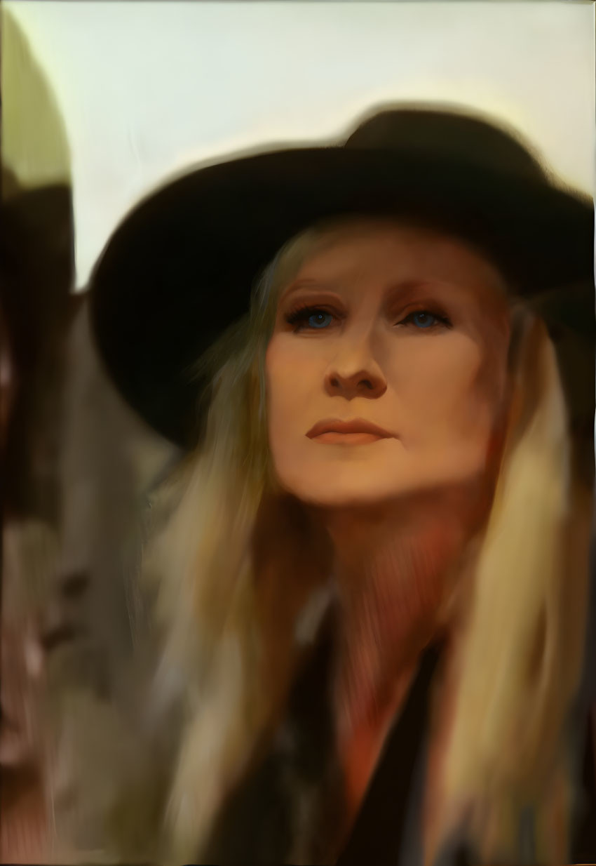 Fair-skinned person with long blond hair in black hat, featuring blurred artistic effect.