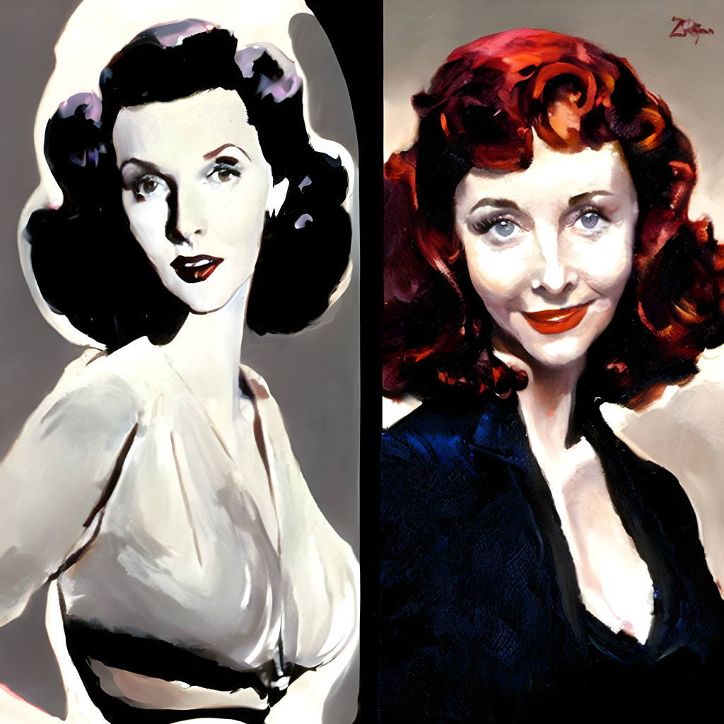 Stylized split image of woman with dark hair in grayscale and color portraits showcasing vintage hairstyles and classic