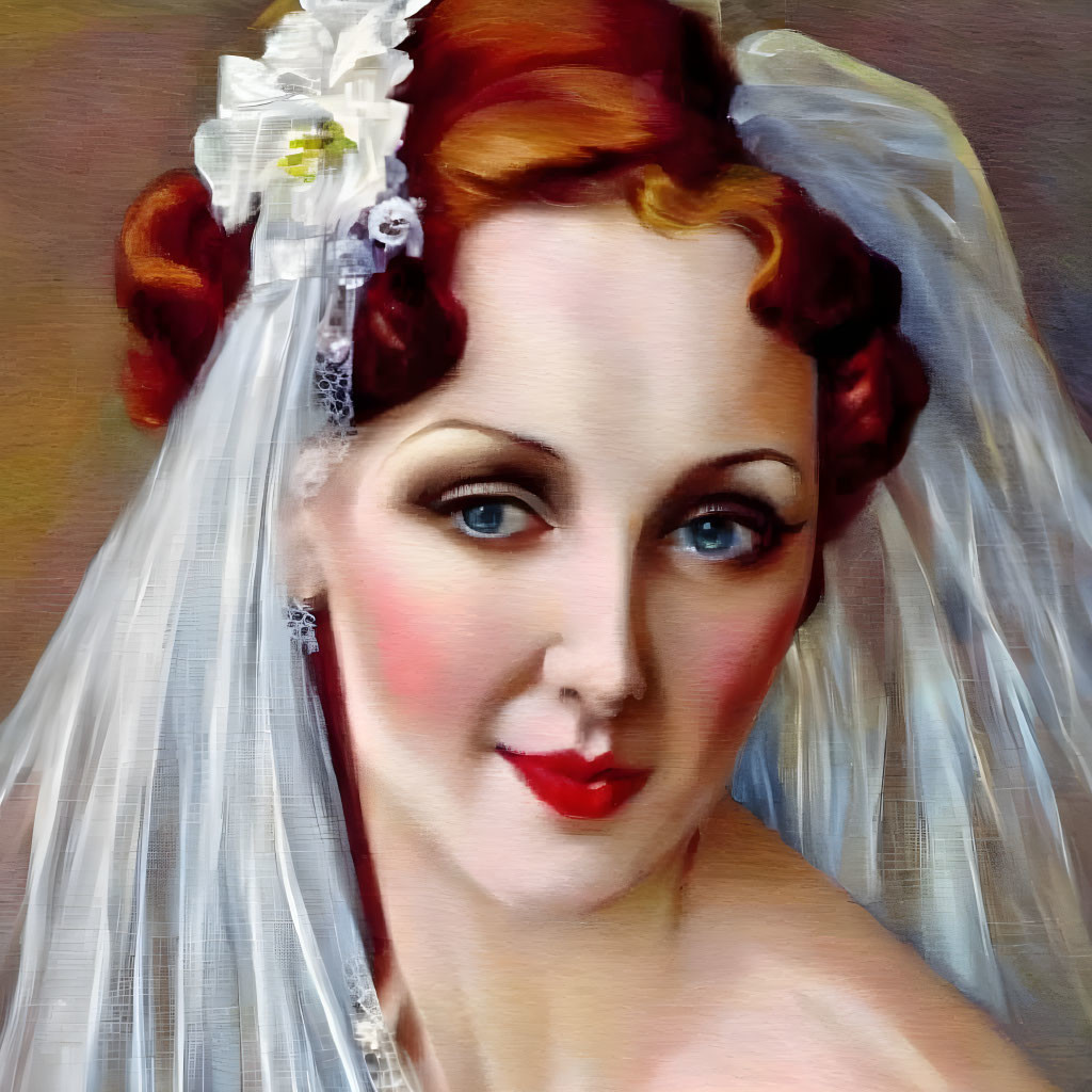 Portrait of a Bride with Auburn Hair and White Veil