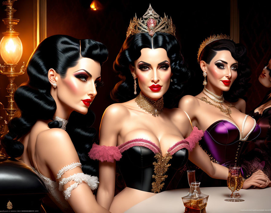 Stylized animated women with dark hair and elegant attire at a bar