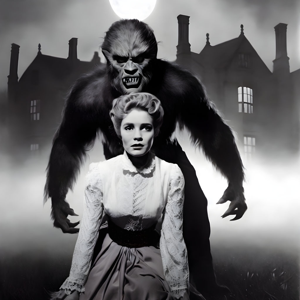 Vintage Style Image: Startled Woman, Menacing Werewolf, Eerie Mansion, Full Moon