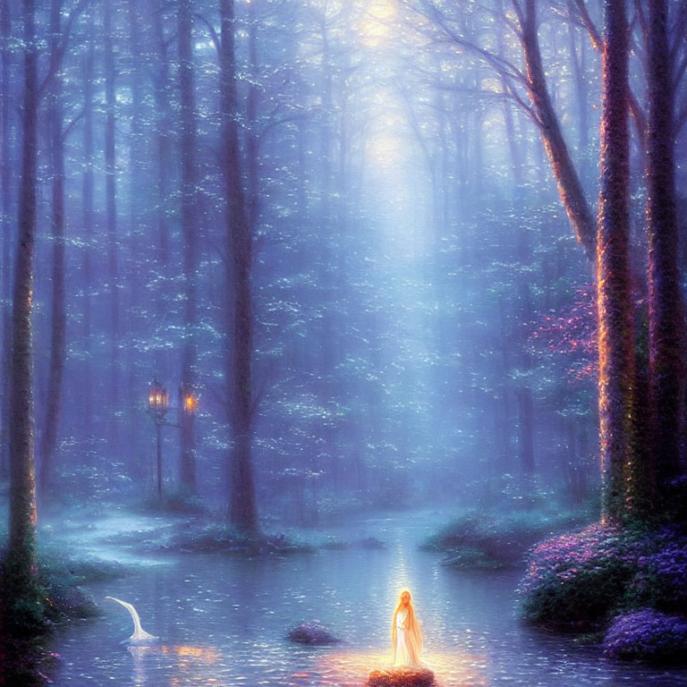 Enchanted Fantasy Forest with Glowing Figure, Misty Ambiance, Trees, Swan, and