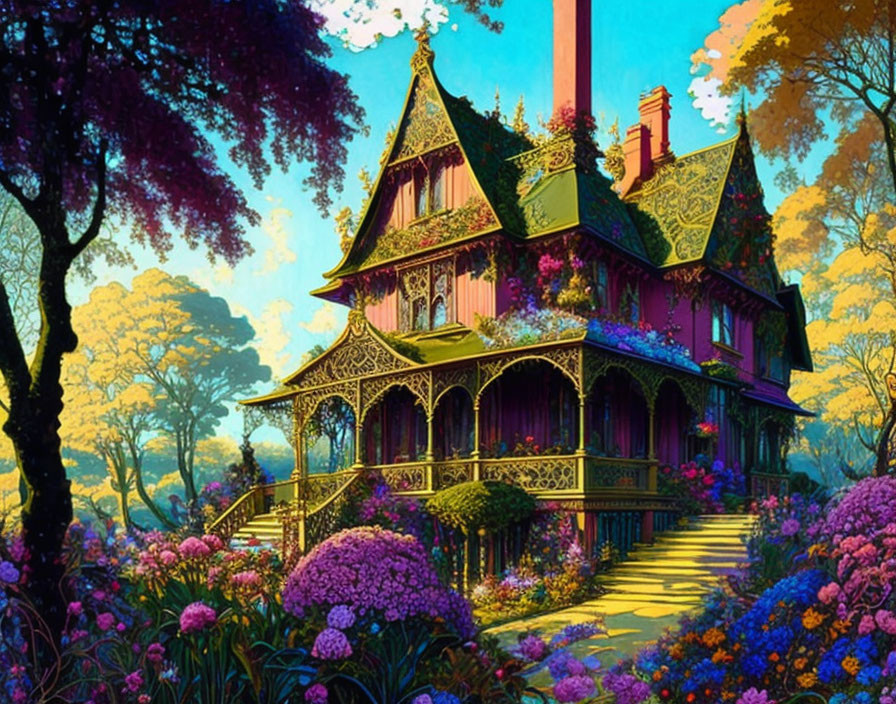 Vibrant Victorian house in lush garden under purple sky