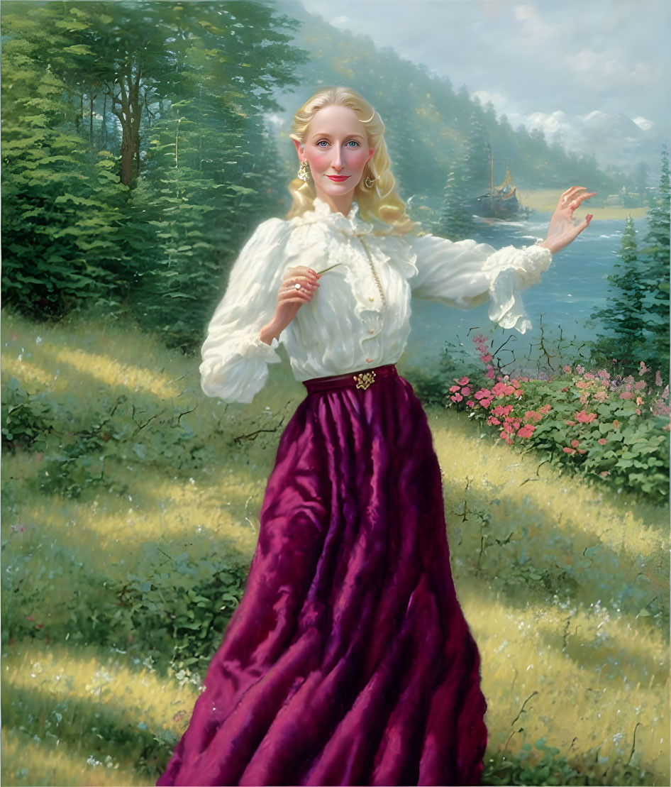 Woman in white blouse and purple skirt in meadow with trees and sailing ship.