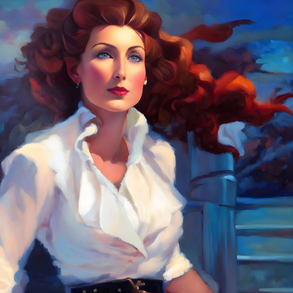 Stylized portrait of woman with red hair and blue eyes in white blouse