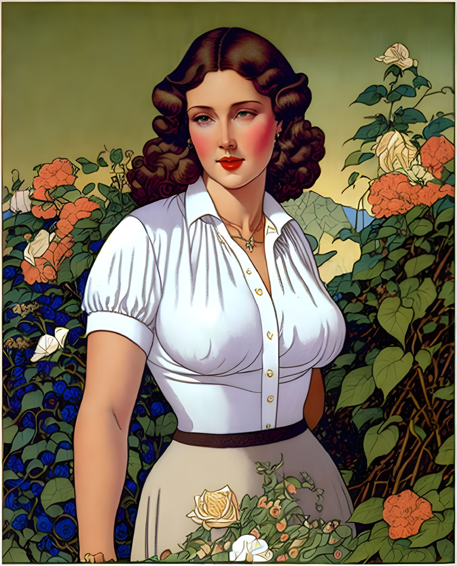 Vintage style illustration of woman with curly hair in white blouse among colorful flowers.