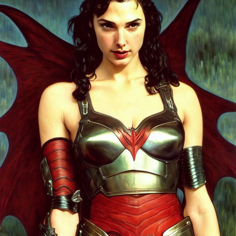 Woman in red and silver armored costume with winged emblem and dark hair.