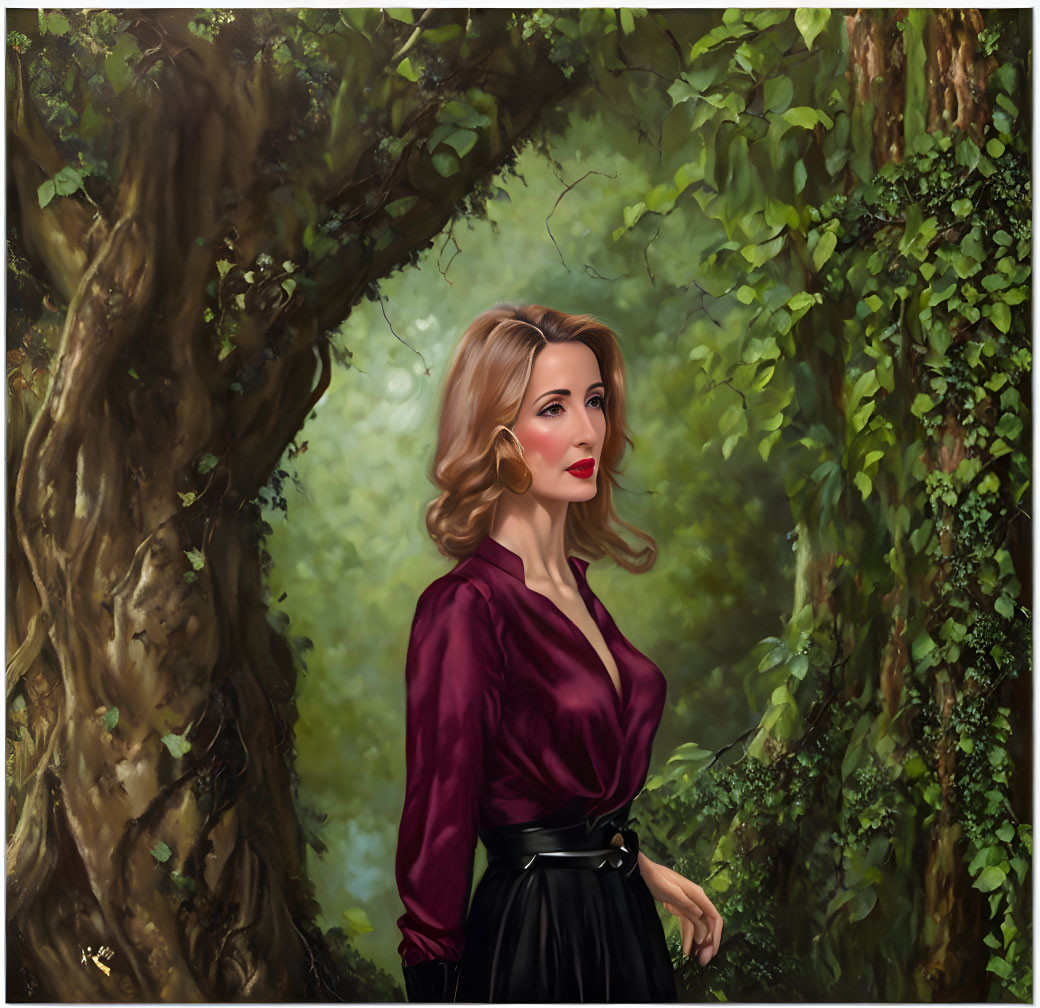 Woman in burgundy blouse and black skirt standing in lush forest