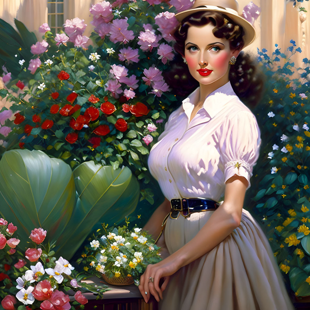 Classic painting of woman in white outfit in garden