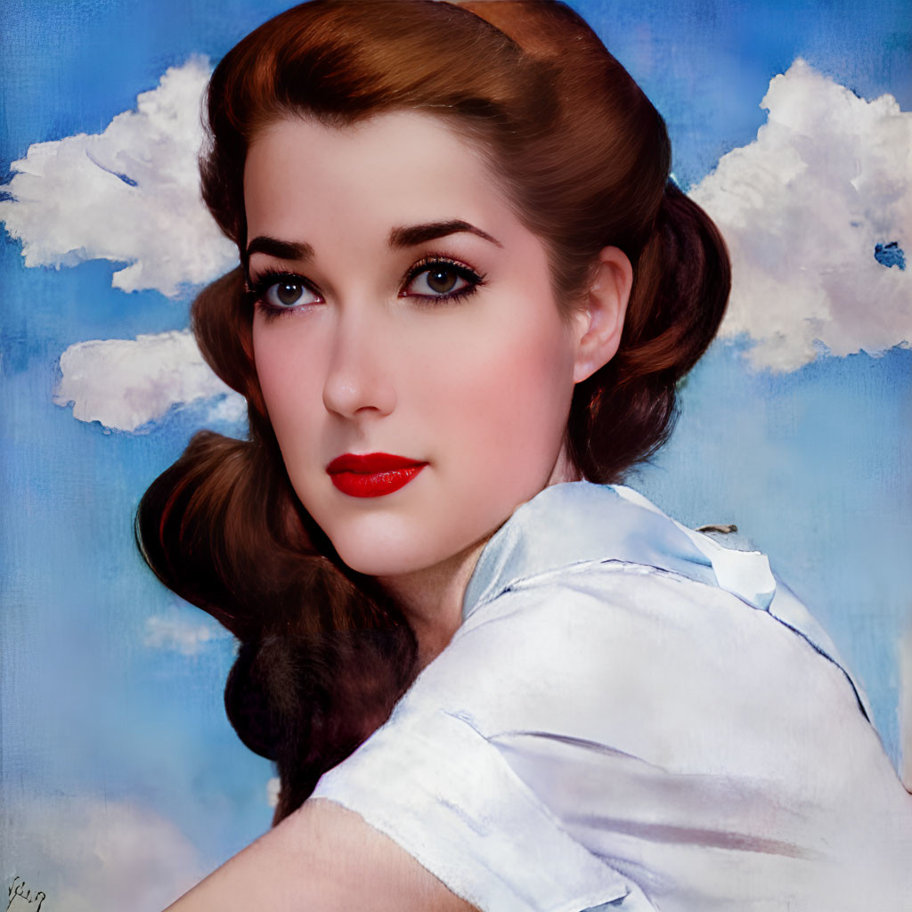 Portrait of Woman with Brown Hair and Red Lipstick Against Sky and Clouds