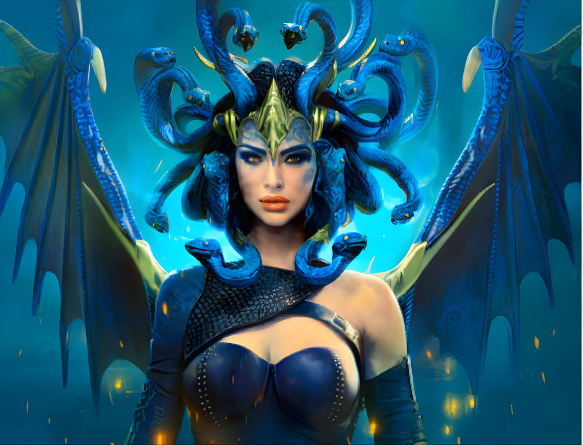 Mythological female figure with blue skin and snake-like creatures.