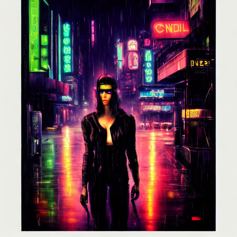 Futuristic visor and leather jacket in neon-lit cyberpunk scene