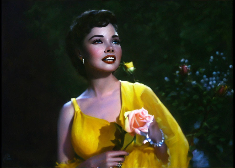 Classic Portrait of Woman in Yellow Dress with Pink Rose and Striking Red Lipstick